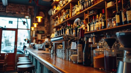 Poster - A bar filled with a variety of bottles and glasses. This image can be used to depict a busy bar scene or to illustrate the concept of nightlife and socializing
