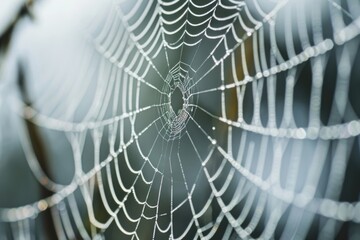 Poster - A spider web glistening with water droplets. This image captures the intricate beauty of nature's delicate craftsmanship.