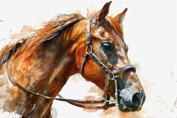 Poster - A painting of a brown horse wearing a bridle. Suitable for equestrian enthusiasts and horse lovers