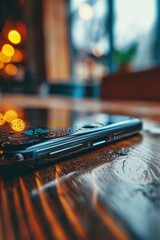 Aufkleber - A cell phone is placed on top of a wooden table. This image can be used to depict technology, communication, or workplace concepts