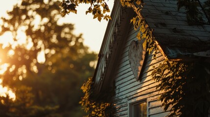 Poster - A picturesque country house with the sun setting behind it. Perfect for showcasing the beauty of rural living. Ideal for real estate, travel, and nature-themed projects