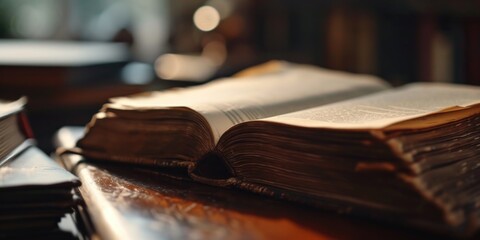 Poster - An open book sitting on top of a wooden table. Perfect for educational or literary concepts