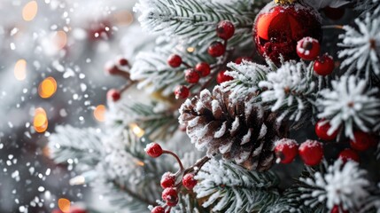 Poster - A close-up view of a Christmas tree covered in snow. Perfect for winter holiday-themed designs and festive decorations