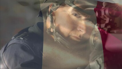 Poster - Animation of flag of france over caucasian male soldier holding weapon