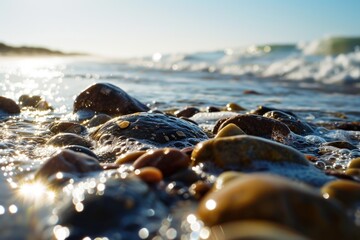 Sticker - Close up view of rocks and water on a beautiful beach. Perfect for travel or nature-related projects