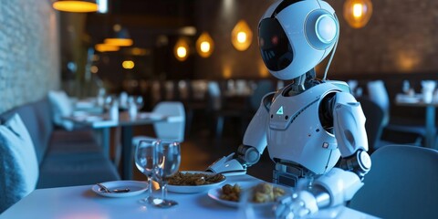 Poster - A robot is seated at a table, with a plate of food in front of it. This image can be used to depict a futuristic scene or to illustrate concepts related to technology and artificial intelligence