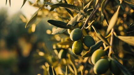 Poster - A picture of a bunch of green olives hanging from a tree. This image can be used for various purposes