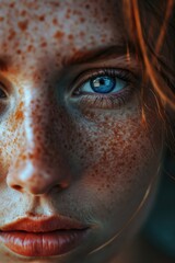 Poster - A close-up image showcasing the unique beauty of a woman with freckles. This versatile picture can be used to celebrate natural beauty, promote skincare products, or illustrate diversity