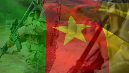 Poster - Animation of flag of cameroon over caucasian male soldiers holding weapons and walking