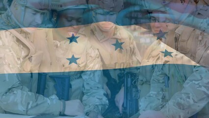 Poster - Animation of flag of honduras over caucasian male soldiers planning strategy