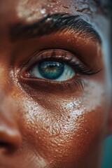 Poster - A detailed close-up of a person's eye with water droplets. Perfect for illustrating concepts related to emotions, beauty, and the human eye.