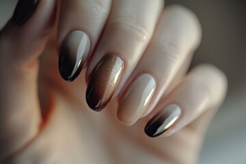 Poster - A close-up photo of a woman's hand holding a black and white manicure. This image can be used to showcase nail art or as a representation of elegance and style