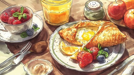 Wall Mural - A painting of a breakfast consisting of freshly baked croissants and a variety of colorful fruits. This image can be used to depict a delicious and healthy morning meal