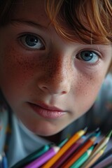 Poster - Close-up of a child holding a variety of colorful pencils. Ideal for educational or creative projects