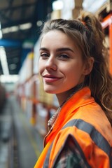Aufkleber - A woman standing in a warehouse wearing an orange vest. Suitable for industrial, logistics, or work-related themes