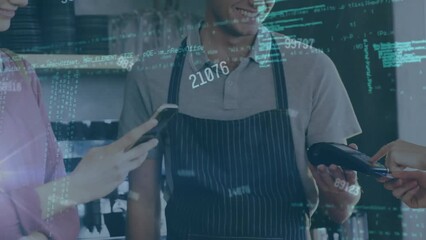 Poster - Animation of data processing over caucasian woman paying with credit card