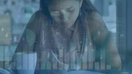 Poster - Animation of data processing over biracial businesswoman taking notes in cafe