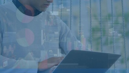 Poster - Animation of data processing over biracial businessman using laptop