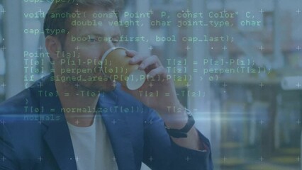 Poster - Animation of data processing over caucasian businessman drinking takeaway coffee in cafe