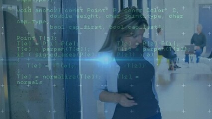 Poster - Animation of data processing over caucasian businesswoman using smartphone and smartwatch