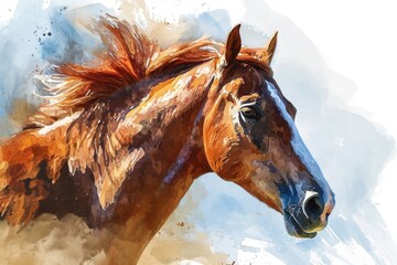  A painting of a brown horse on a white background. Can be used for equestrian-related projects or as a decorative piece