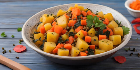 Wall Mural - Gajar matar aloo: Diced red/orange carrots and potatoes sautéed with black mustard leaves, garnished with ground black pepper powder and lemon juice on the wooden table