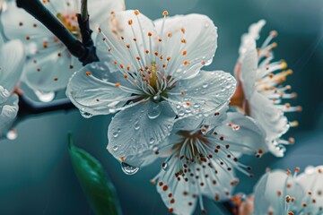 Poster - A close-up view of a flower with water droplets. This image captures the beauty and freshness of nature. Perfect for nature enthusiasts and gardening websites