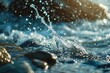 Water splashing on rocks in a river, perfect for nature and outdoor themes