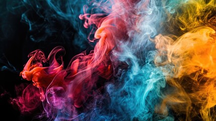 Wall Mural - Dense multicolored smoke of  red, orange and yellow colors on a black isolated background. Background from the smoke of vape