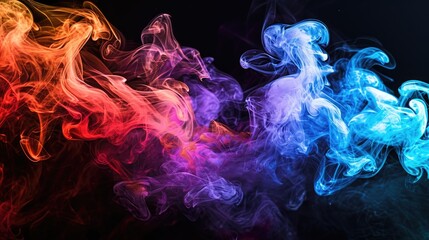 Wall Mural - Dense multicolored smoke of  red, blue and green colors on a black isolated background. Background from the smoke of vape