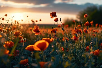 Poster - Beautiful sunset over a field of colorful flowers. Perfect for nature and landscape designs