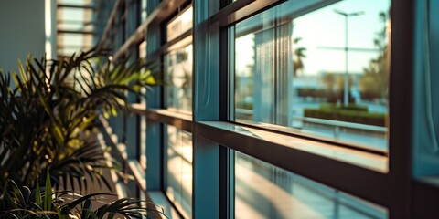 Poster - A view of a building seen through a window. Suitable for architectural concepts and urban landscapes