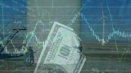 Poster - Animation of wind turbine, american dollar bills, male engineer and financial data processing