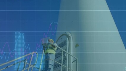 Poster - Animation of wind turbine, male engineer and financial data processing