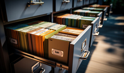 Poster - Close-up View of Open File Cabinet Drawers Filled with Labeled Documents, Depicting Organization, Storage, and Information Management