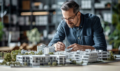 Poster - focused architect reviewing a detailed architectural model of urban buildings in a well-lit modern o