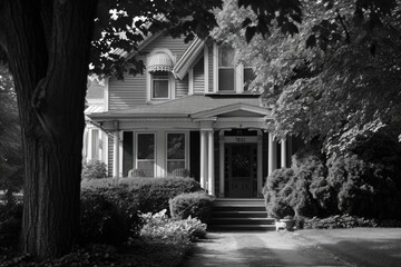 Wall Mural - A black and white photo of a house. Perfect for real estate websites or home decor blogs