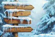 A Wooden Sign Covered In Snow And Adorned With Icicles. Perfect For Winter-themed Designs Or Advertising Winter Activities