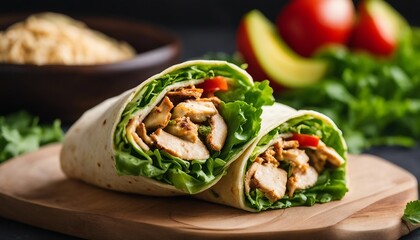 Wall Mural - A soft tortilla wrap filled with spicy grilled chicken, mixed greens, avocado, and a creamy
