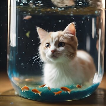 AI generated illustration of a feline gazing curiously into a glass fish bowl