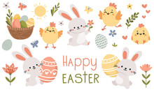 Set of flat vector illustrations for Easter day. Cute Easter bunnies, chickens, egg basket, Easter eggs, flowers and butterflies. Happy Easter inscription . Vector illustration