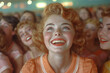 Portrait of smiling young woman in american diner cafe of 1950s years