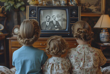 Children Dressed In Vintage 1950s Clothes Watching Old Black And White Television At Home In Retro Interior