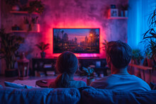 Family Watching Vintage Films In A 1980s Living Room Setup With Neon Lights, Back Side View, With Interior, Books, Posters And Window