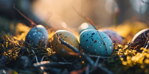 Poster - A group of eggs sitting on top of a lush green field. Suitable for various concepts and themes