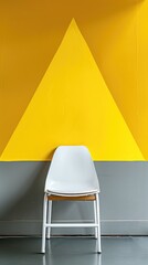 Wall Mural - a triangle forms on a yellow background and a gray wall behind a white chair with enchanting lighting