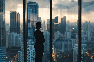 Business woman in suit in office looking at modern city with skyscrapers through panoramic window, sunset