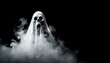 Closeup of a scary white ghost with smoke and white sheet on a black background with copy space. Generative Ai.