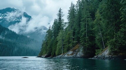 Poster - A peaceful scene of a large body of water surrounded by lush trees. Perfect for nature lovers and travel enthusiasts