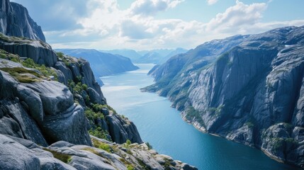 Canvas Print - A picturesque scene of a large body of water surrounded by majestic mountains. Perfect for nature and outdoor adventure themes